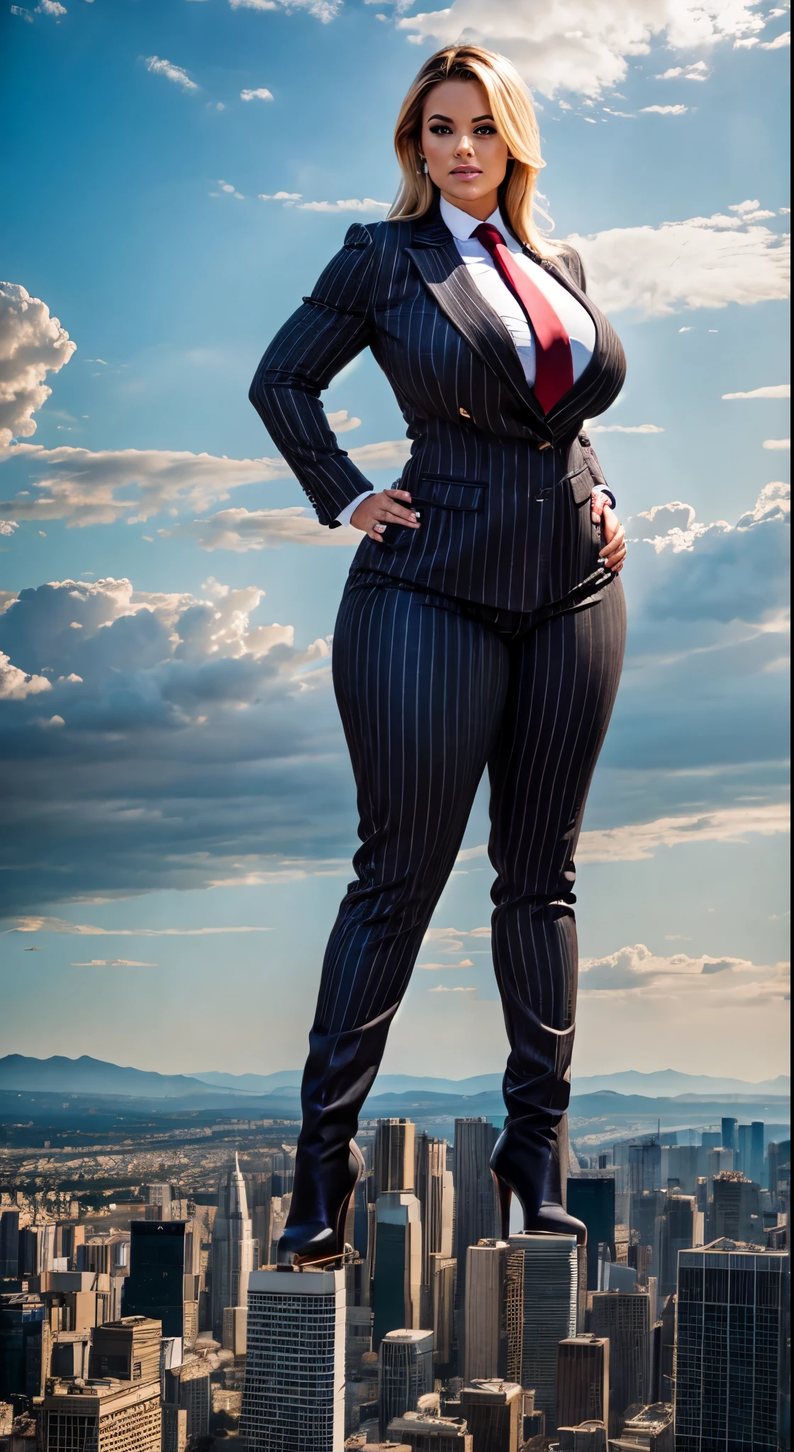 A sophisticated and stylish wowan in a grey pinstriped trouser suit, white shirt, and a large wide red necktie with a really large windsor knot, with a beautiful, curvaceous figure, massive breasts, and blonde long wavey hair, with a curvaceous figure and massive breasts. wearing rounded high heels boots with uncovered feet and standing, rampage-like pose, with a cityscape background of mega-city, urban sprawl, and small towns, partially obscured by a hazy, cloudy atmosphere. The image is a high-resolution, masterpiece-quality, cinematic, ultra-detailed, and hyper-photorealistic photograph, with perfect hands, face, and lighting. ultra-detailed, 8K, photo-realistic, hyper-realistic, masterpiece, intricate details, full body view. Looking at camera, The image is a high-resolution, masterpiece-quality, cinematic, ultra-detailed, and hyper-photorealistic photograph, with perfect hands, face, and lighting. ultra-detailed, 8K, photo-realistic, hyper-realistic, masterpiece, intricate details, full body view