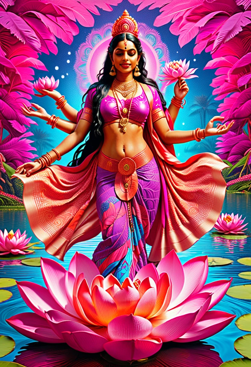 Indian art, psychedelic art, a beautiful hindu goddess standing on a lotus flower surrounded by pink flowers, Maha Lakshmi, Hindu Goddess Lakshmi, She has lotus eyes, lotus-colored skin, and wears lotus robes. She has a water lotus. She is depicted as riding on a red lotus floating on water. hindu art, psychedelic art style, standing gracefully upon a lotus, Purple and pink psychedelic background, full of colors and rich detail backgrounds, Intricate pattern. Blessed Offerings.