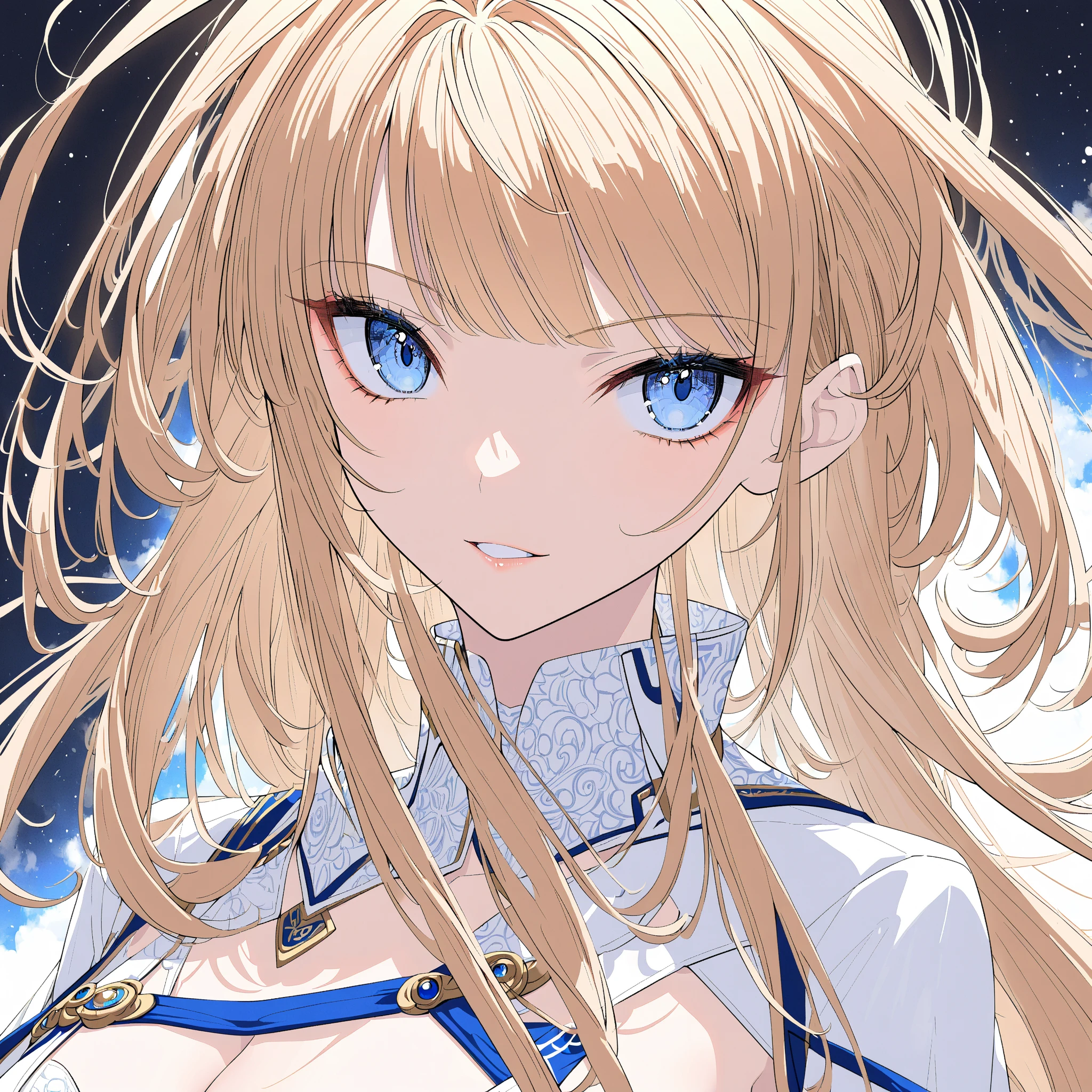 anime, Beautiful Women,cool,Detailed facial features,(masterpiece,best quality),blonde hair, ponytail,blue eyes,Sharp bangs,Slanted Eyes,(cleavage),detachable collar,cloak with a stand-up collar,collarbone,bare skin,Collared Neckwear,knight,corset,belt,cape,arm sleeves,white gloves,cowboy_shot,