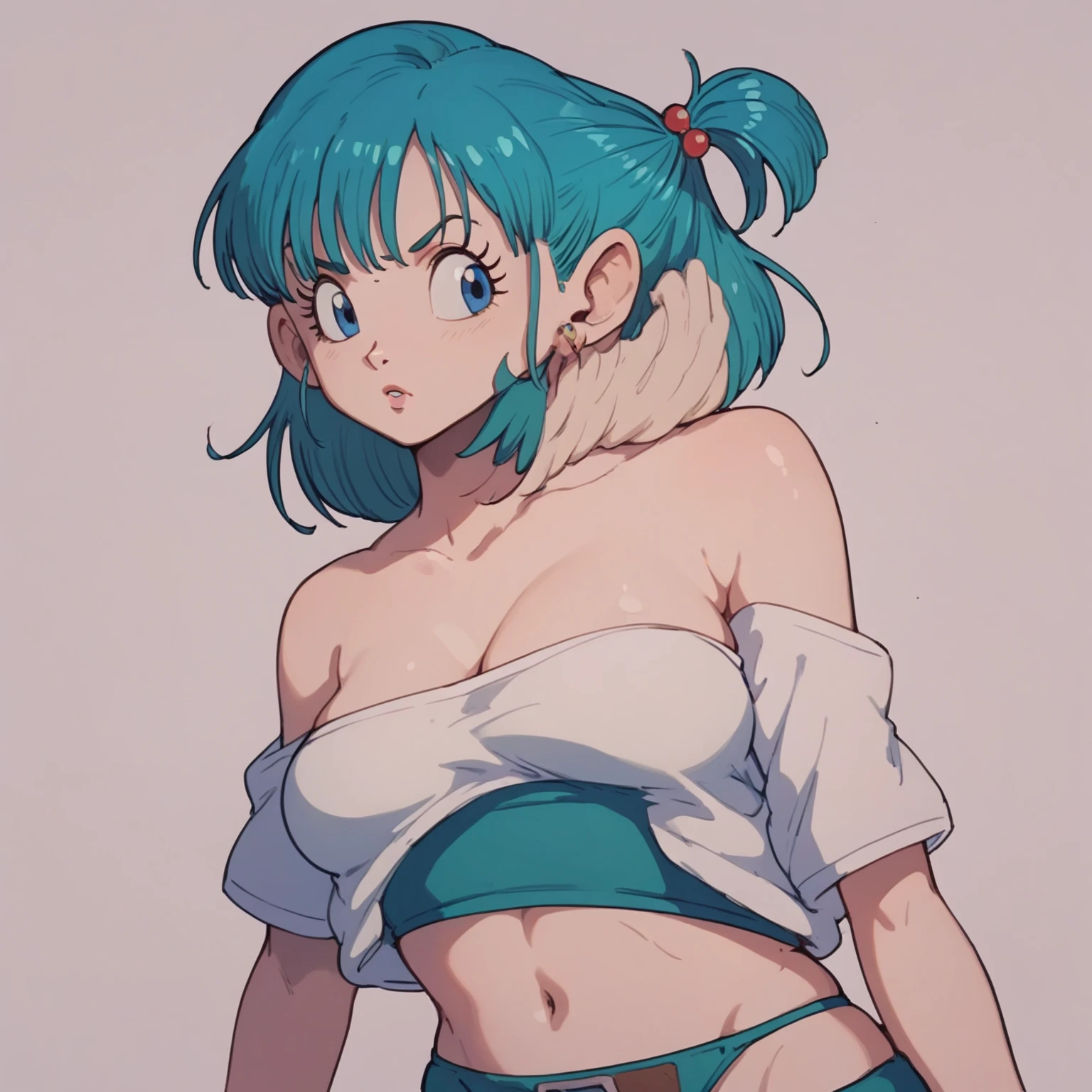 Bulma stood in a white bikini with a puzzled expression, her eyes looking into the distance, her big breasts