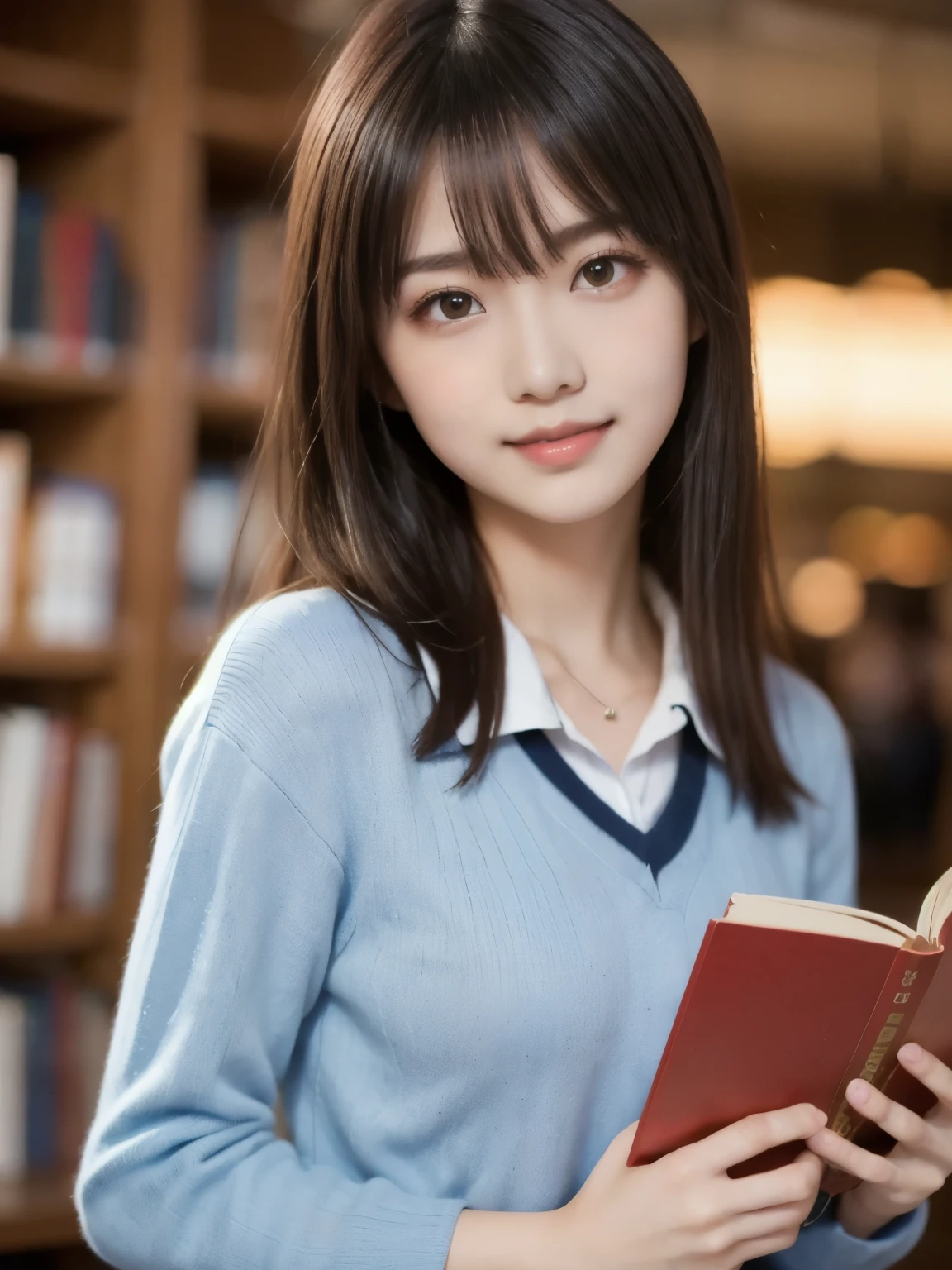 8k、 best quality、Ultra Wide Angle Monofocal Lens 、(Representative Works:1.2)、( Genuine)、( Genuine:1.37)、One of the high school students、 reading a book、Thin eyebrows、 Libraries 、 high definition 、( High School Uniform )、 perfect body 、 Gravure Photo Shoot 、Perfect Fingers、 beautiful skin 、 Professional Lighting、Face and skin detail 、Microparticles、 RAW photo
