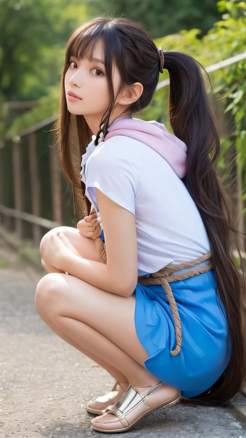 (((upper body wrapped up with rope))),((big rope)),((behind back arms)),(((rope Mumification))) ,in pirate ship,blue sky,tied up,(((wear a rope))), ((((ponytail)))),brown hair,pink hoodie,blue skirt,,school stair ornament,bnormally long hair that lasts forever Flowing Hair on both ends long hair up to the knees:1.2 long hair up to the knees:1.2 Thick and shiny hair Very free hair Abnormally long hair!!!! Beautiful silky hair Beautiful and shiny hair Beautiful and shiny hair Beautiful silky hair Hair that grows to the knees Very very, Very long hair!!!! Very very, Very long hair!!!!) (highest quality The best ultra-fine Reaches up to the knee、Very long hair that lasts forever Flowing Hair Her hair is gently permed Very shiny そして thick hair Abnormally long hair that lasts forever Flowing Hair on both ends long hair up to the knees:1.2 long hair up to the knees:1.2 Thick and shiny hair Very free hair Abnormally long hair!!!! Beautiful silky hair Super long hair down to the knees Beautiful and shiny hair Beautiful and shiny hair Beautiful silky hair Hair that grows to the knees Very very, Very long hair!!!! Very very, Very long hair!!!!)) (Her bangs are perfect.:1.3) (Japan'The sexiest and most beautiful 24 year old model) (She looks at the viewer with a very seductive expression......) ((highest quality)), ((masterpiece)), (Familiar) (Get used to it) Perfect Face (Her skin is a typical Japanese skin color.. And very detailed) (Big Breasts:1.3) (She is wearing a shiny white camisole.) (She has a beautiful face and a typical Japanese figure,((rope bondarge))