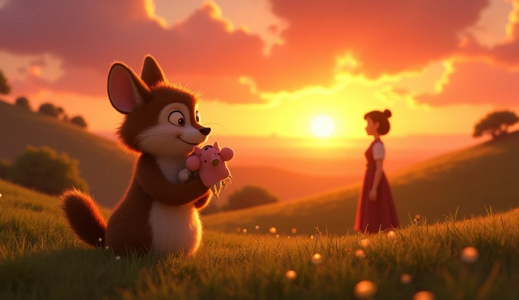 In the story Little Turn-Up Nose, depict Little Nose getting up with Emília in her arm. She looks at Aunt Anastácia in the distance, while the sunset colors the sky behind the trees on the farm. Image in Disney Pixar format