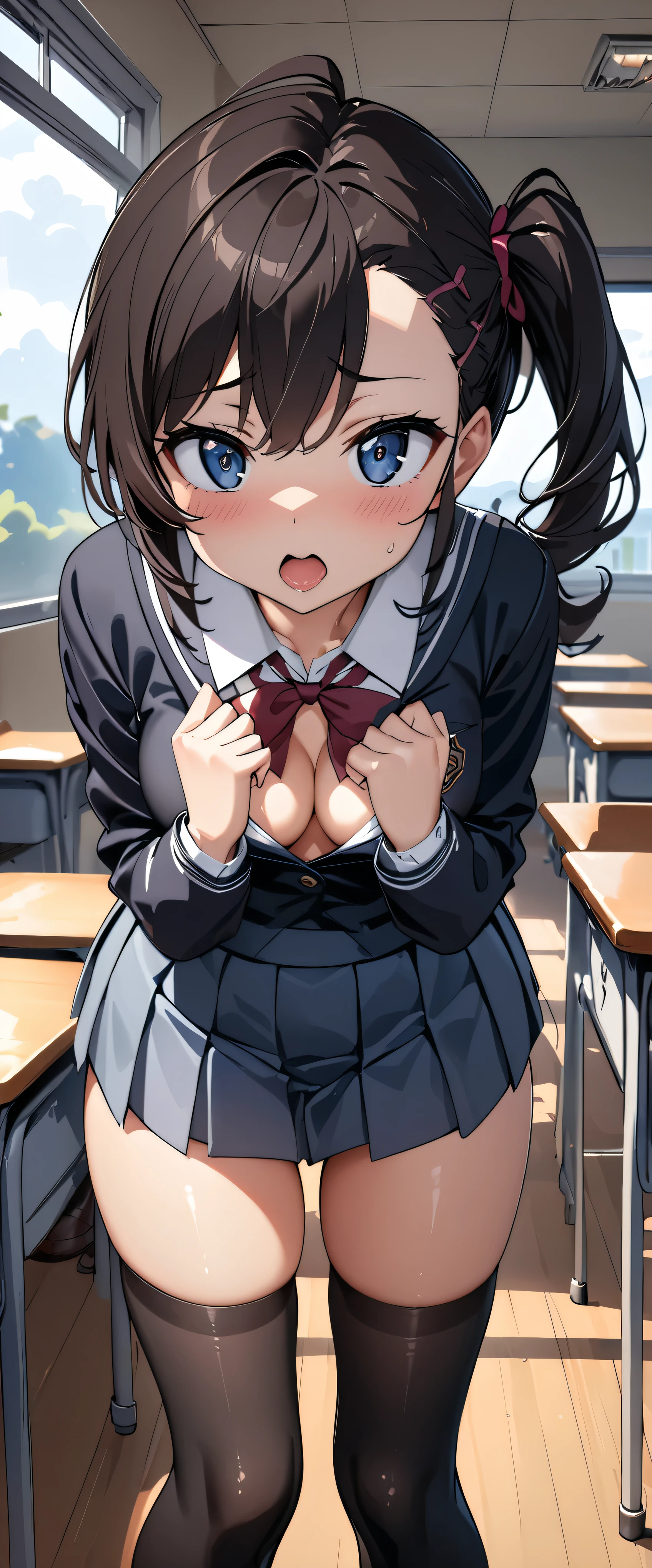 nsfw,alone, (One girl),  girl,8-year-old,  sexy (oy Sh, (wearing only the top half of sailor school uniform)、 ((Put your arms behind your head)), classroom, With a girl：hair is black and short, Her face is round and cute, Black Hair, short hair,(Shy, Embarrassing),(Sit on a chair)、Spread your legs、Beautiful nipples,Small breasts、(bukkake,Bukkake),((cum on bodybukkake,cum in Pussy,creampie)),Black thigh-high socks、((Drooling,drool)),