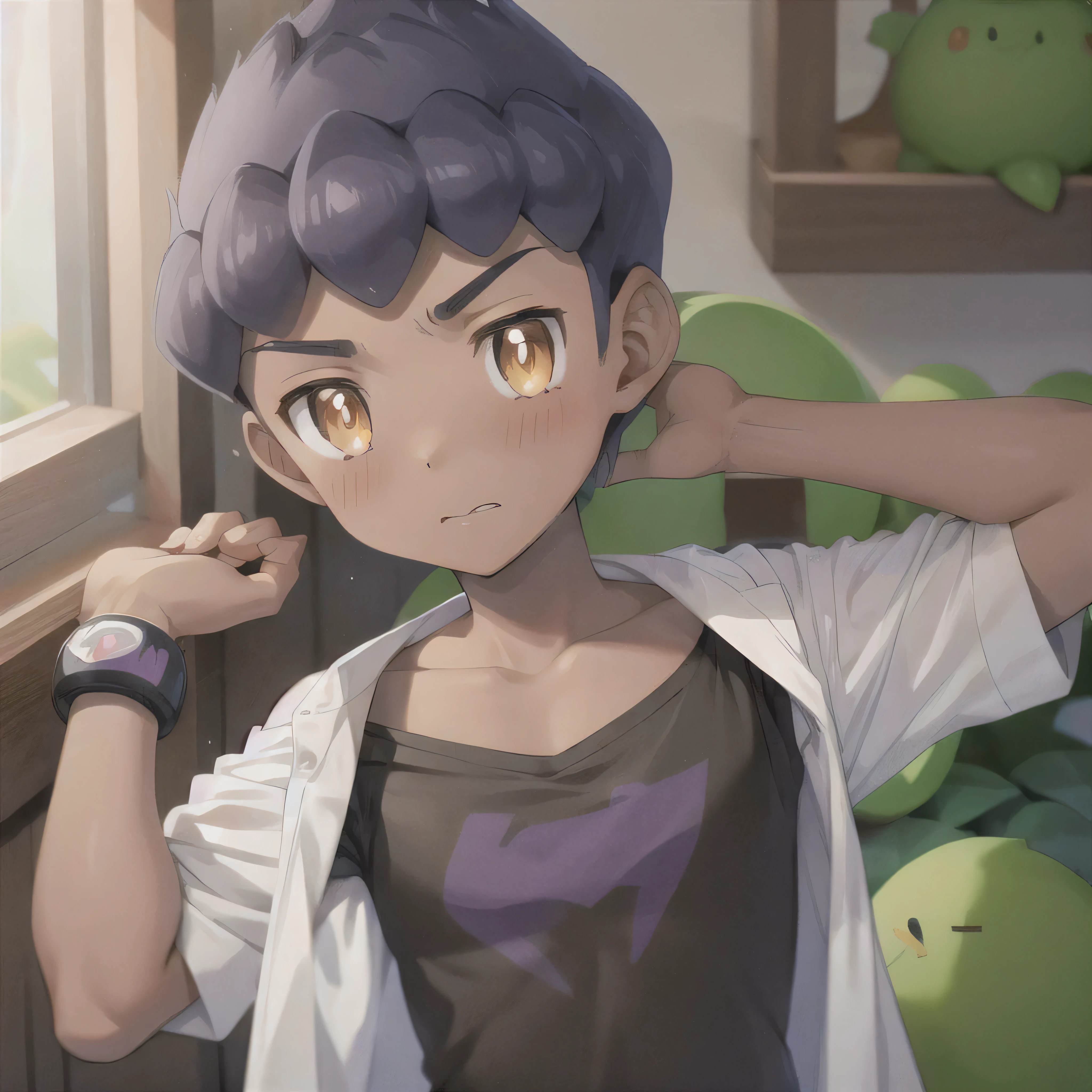 masterpiece,  best quality,  One Boy , hop \( Pokémon\), Purple Hair,   short hair,  yellow eyes, Dark Skin,  blush,Sigh, take off clothes