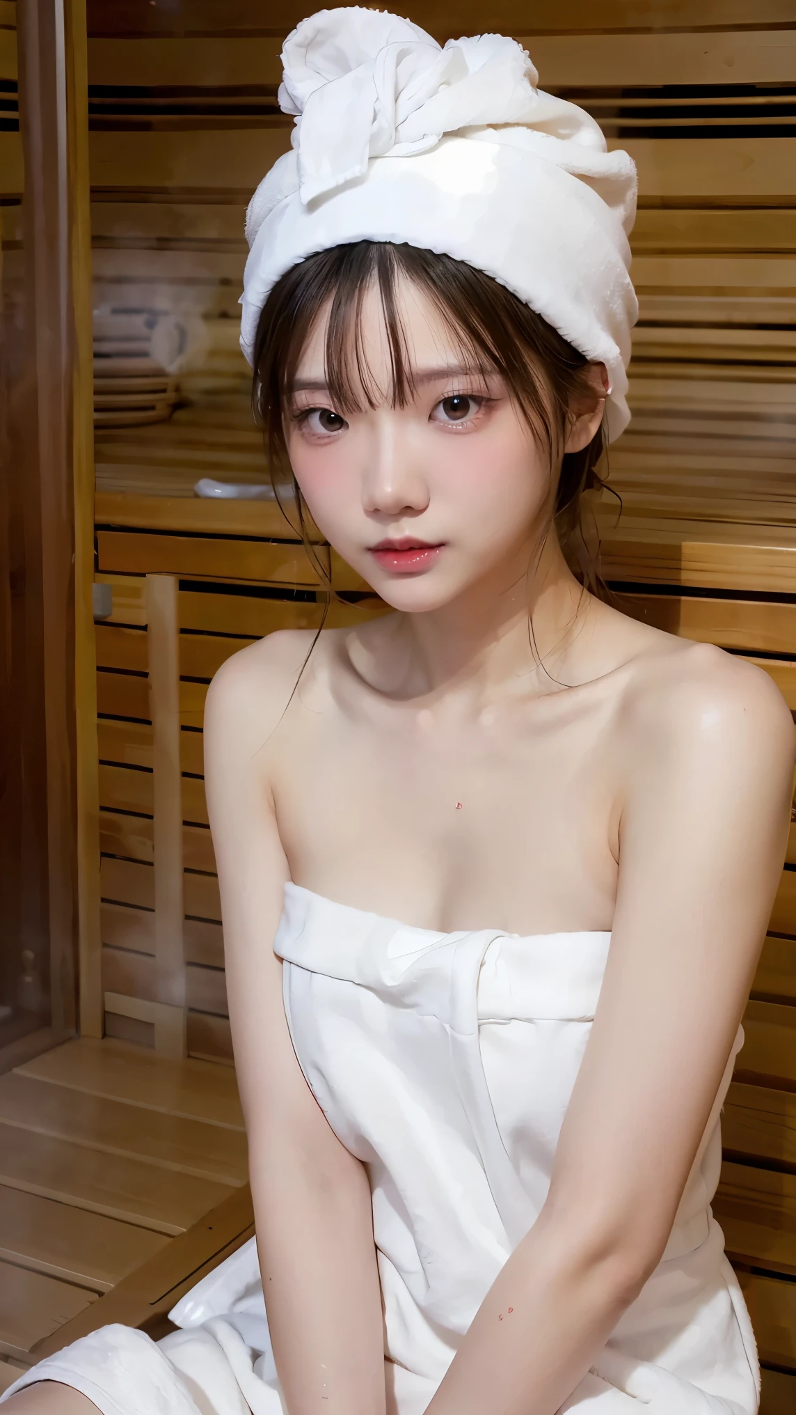 1Girl, Solo, (Masterpiece, Best Quality, 8K,,Photorealistic, real girl, mulberry:1.37), looking up at viewer, 1 dainty Japan, Slender body type: 1.1, Small breasts, Sitting, sauna, Double eyelids, Droopy Eyes, A dark-haired, (Sweaty face, Sweaty body: 1.2): 0.2, (White Oversized Towel Dress, strapless), (small in size, White Towel Turban: 1.1),, realistic body, makeups, Gloss slip, focus on face, smaller face, Sharp focus, Layered Cut, facing the viewer, The sauna has the following.., shot from the front