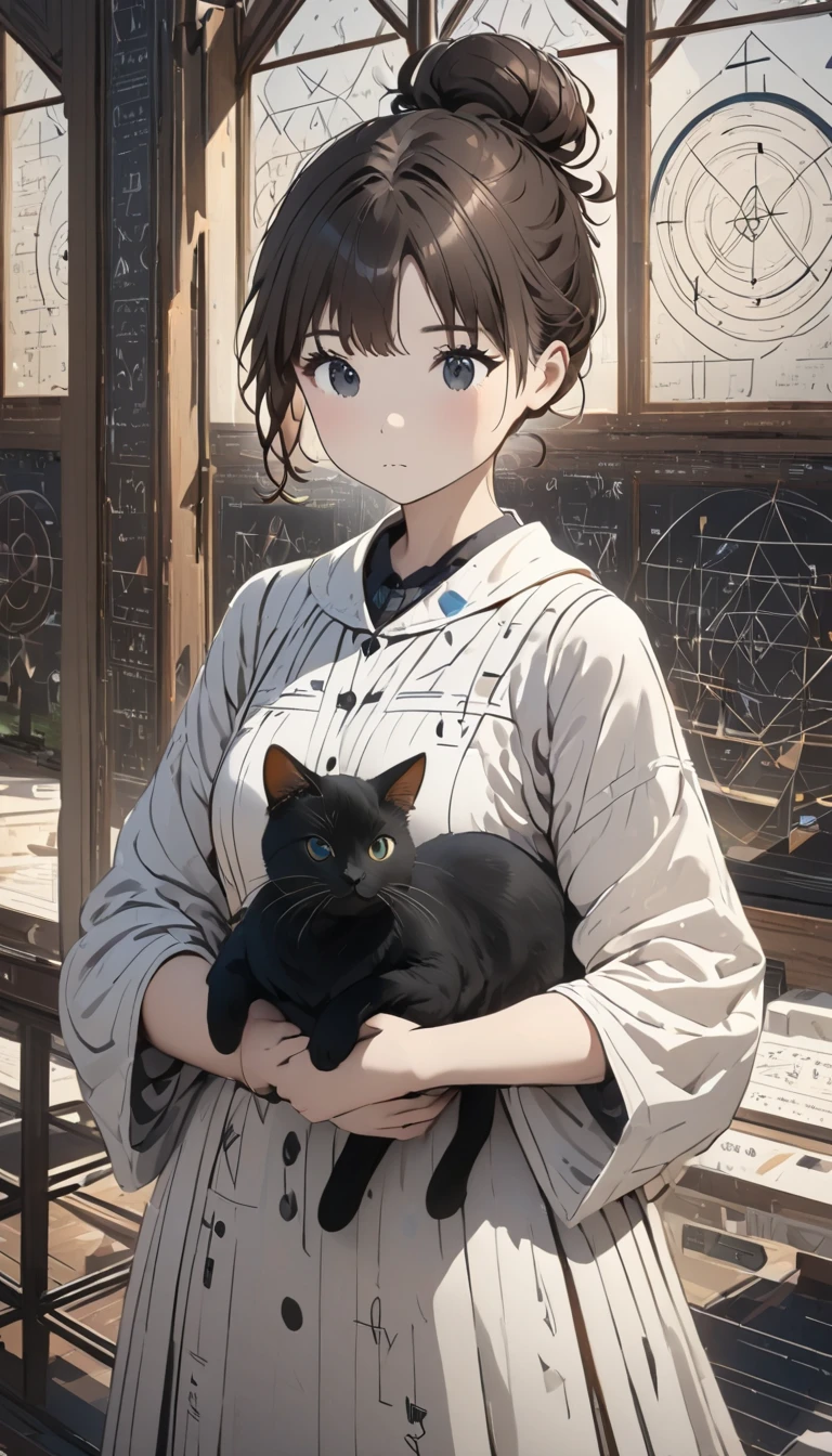 Geometry, Mathematics World, Girl doing the science of geometry, Best quality, Girl holding a black cat, Cute girl, Brown hair tied in a bun, Black cat, Natural look, Long shot, Natural light