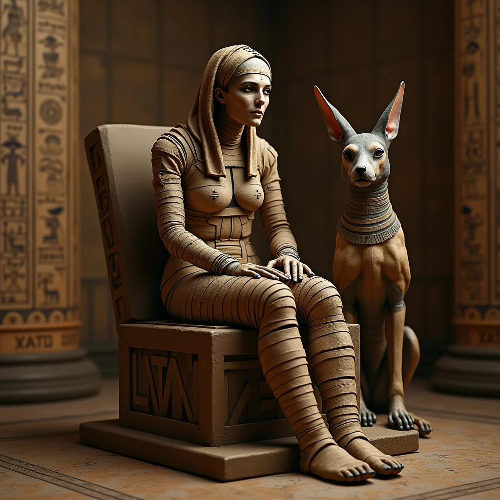 
A female Egyptian mummy, with mummy bandages, well preserved and an enigmatic look, sitting on an Egyptian throne in a room with walls covered in hieroglyphics, next to her, standing, the God Anubis facing the camera,Masterpiece, High Resolution, Accurate, Anatomically Correct, Best Quality, HD, Super Detailed, 8K, photo-realistic, hyper-realistic, clear light, perfect eyes, perfect face, perfect hands, 1female Egyptian mummy,1god Anubis,mysterious 