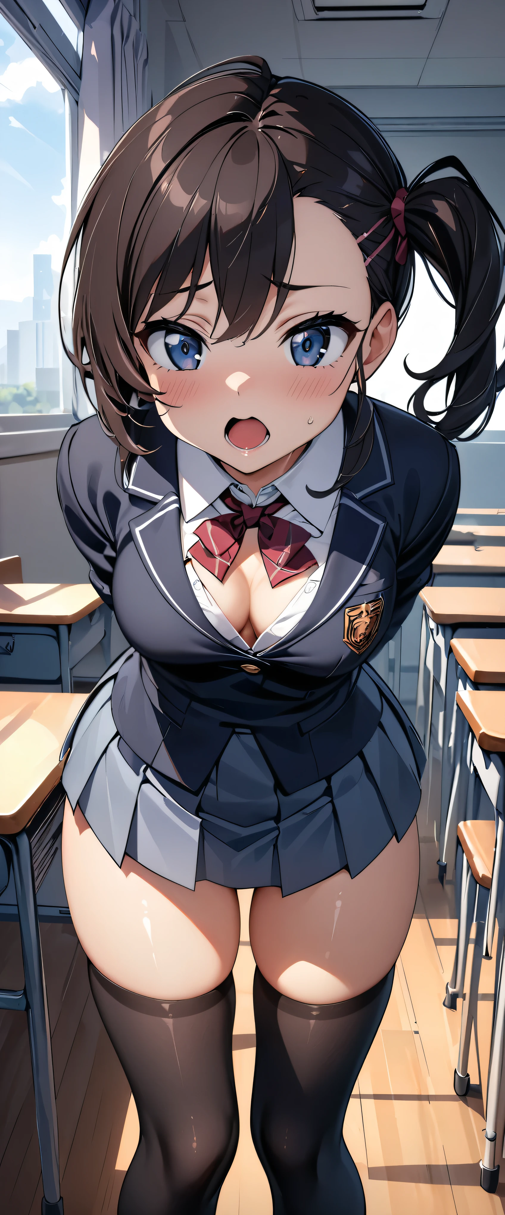 ( cute eyes from the right), (8k、 High Quality、 for a white sci-fi outfit 、masterpiece)、 detailed face、Improve、( open your mouth ), (Slender body),( medium chest), (School uniform with an open chest),  , ( lean forward),  Classroom Background , ( Black Stockings ), (Thighs:1.1), ( waistline:1.1) side ponytail pointing up with your right hand