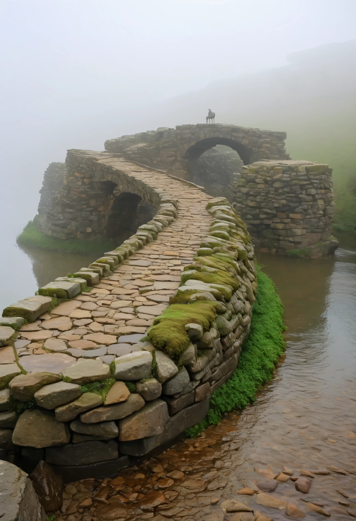  in front of us is an ancient stone ( made of large boulders )bridge, spiraling into the sky and hiding in the fog and clouds,  incredible quality  , graceful beauty , exhibition work , birds fly by ,старинный bridge,high quality textures , strand worn stone stone covered with moss ,