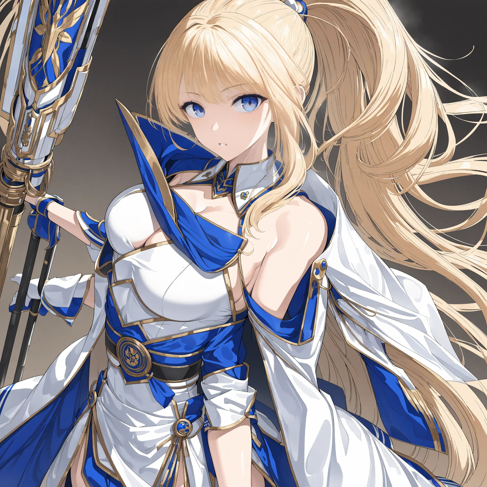 woman, knight,Blonde, ponytail,Blue Eyes, cleavage,Slanted Eyes,Detachable collar , short tie ,Cape, high definition , bangs,  cowboy shots,masterpiece,  anatomically correct,  best quality,  high definition model with a long spear,  Ultra High Definition,  very detailed,  textured skin,  Japanese illustration style, 