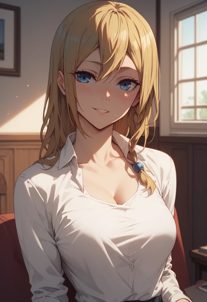solo female, close up, long wavy blonde hair, blue eyes, wink, secretary, office, wooden furniture:0.1, white business shirt, seductive smile, elegant, loose shirt, necklace, business jacket, cleavage, computers, large breasts, flirty