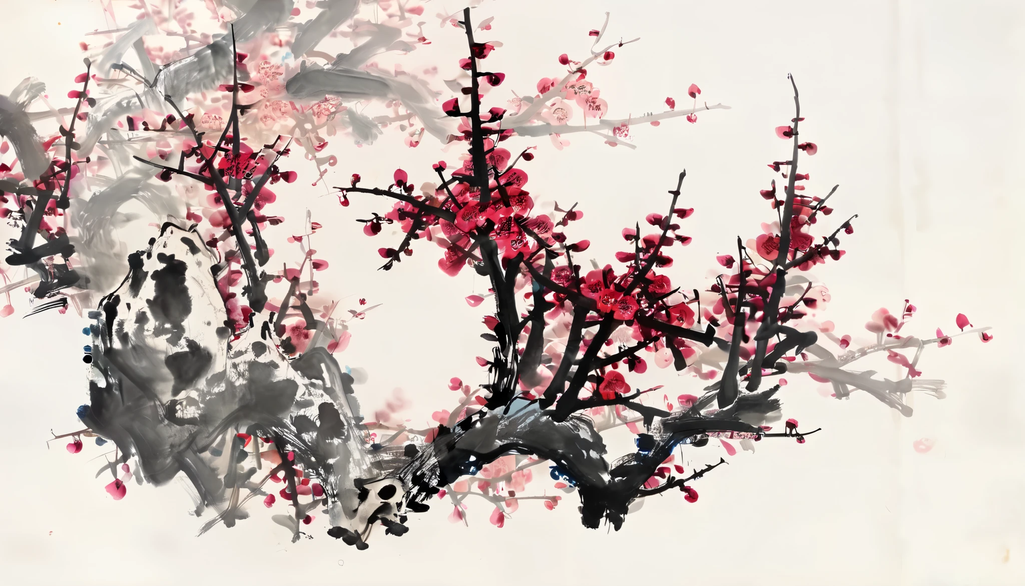 Ink Painting，hou dechang， Chinese ink painting, Minimalism主义，Plum tree, Realistic plum blossoms，Focus on plum blossoms， the whole scene is full of ink wash style， traditional Chinese brushwork ， red use ， has the style of a Chinese artist ，（ Large areas of white ，One-third composition ：1：3）， official art ，羊皮纸Ink Painting，Ink Painting，（（Simplicity）），Simplicity，Minimalism，Beige gray ，White background，Ink Painting风格，Parchment texture ，clean，No text， quiet and ethereal ， HD resolution ， high quality 