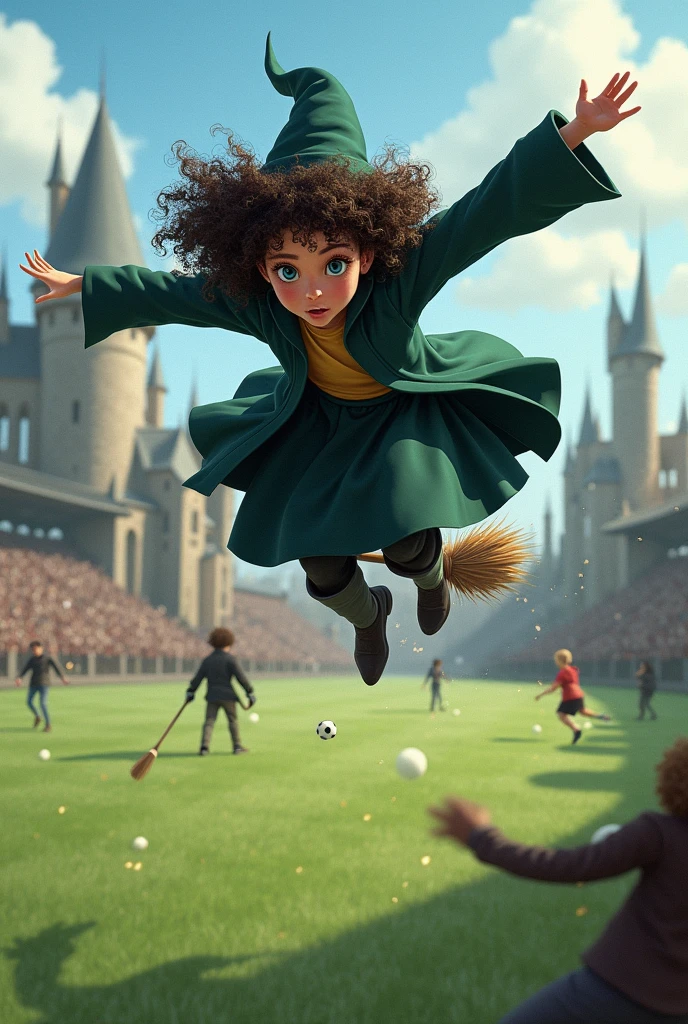 Una ragazza di 12 anni con i capelli ricci Castani scuri ricci e gli occhi azzurri che gioca a Quidditch nel campo da Quidditch e vola molto in alto sopra una scopa