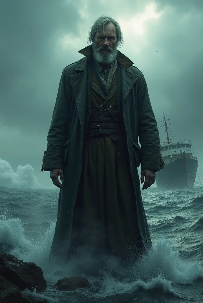 dim cinematic Photo of (Ultrarealistic:1.3) (Haggard, serious) mature 60 year old male as lighthouse keeper in front of single lonely lighthouse, (worn old lightkeeper coat), wearing cap, horror, (1920), (misty night), stormy, horror, , ((cthulhu:1.1) monster rising) from the sea in the background, swirling horror esoteric ruins floating in the galaxy sky with horror necrotic dim light tone, wet, dark rain, <lora:add-detail-xl:3>, (film noir), cinematic shot, dynamic lighting, 75mm, Technicolor, Panavision, cinemascope, sharp focus, fine details, 8k, HDR, realism, realistic, key visual, film still, superb cinematic color grading, depth of field , High dynamic range, vivid, rich details, clear shadows and highlights, realistic, intense, enhanced contrast, highly detailed, thematic background, mysterious, intricate, detailed face