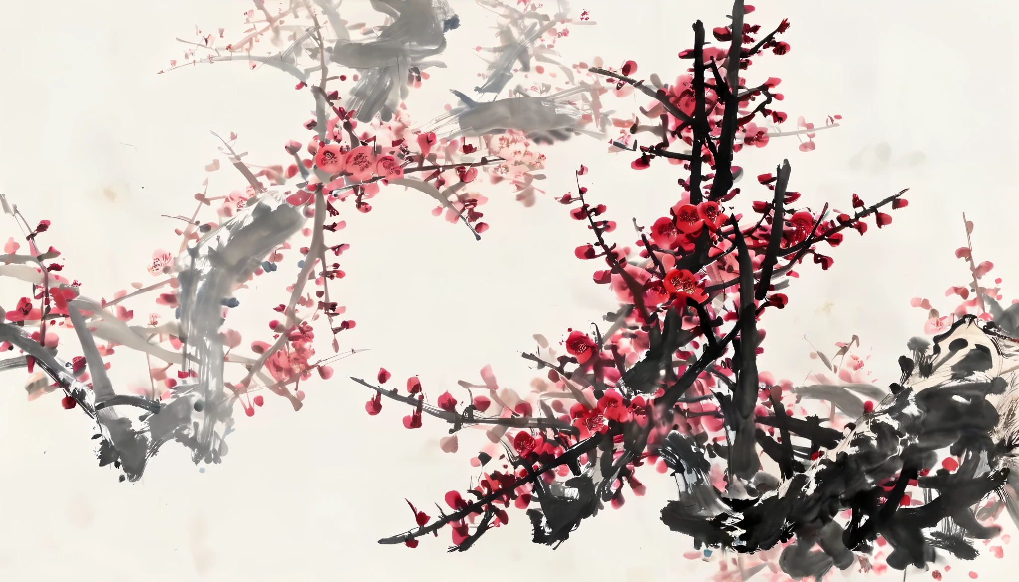 Ink Painting，hou dechang， wang chengxi,Chinese ink painting, Minimalism主义，Plum tree, Realistic plum blossoms，Focus on plum blossoms， the whole scene is full of ink wash style， traditional Chinese brushwork ， red use ， has the style of a Chinese artist ，（ Large areas of white ，One-third composition ：1：3）， official art ，羊皮纸Ink Painting，Ink Painting，（（Simplicity）），Simplicity，Minimalism，Beige gray ，White background，Ink Painting风格，Parchment texture ，clean，No text， quiet and ethereal ， HD resolution ， high quality 