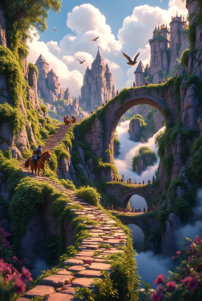  in front of us is an ancient stone ( made of large boulders )bridge, spiraling into the sky and hiding in the fog and clouds,  incredible quality  , graceful beauty , exhibition work , birds fly by ,старинный bridge,high quality textures , strand worn stone stone covered with moss ,funny Cartoon style ,всадник в доспехах скачет на лошади по bridgeу,bridge кое где рассыпается,