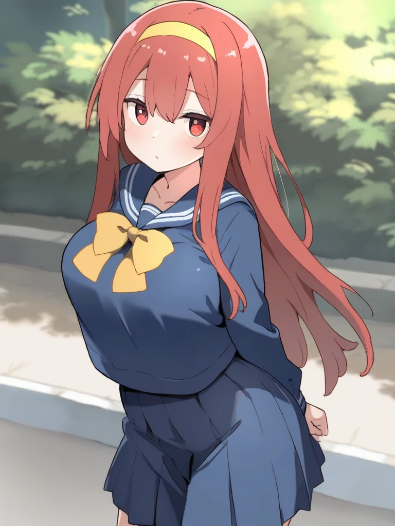 komaro, blue eyes, Orange Hair, , bangs, Hair between the eyes, Long Hair, Long sleeve, , Seraph, Sailor collar, (White shirt:1.2), Pleated skirt, Black Pantyhose, Large Breasts,, Highest quality, masterpiece, High resolution,