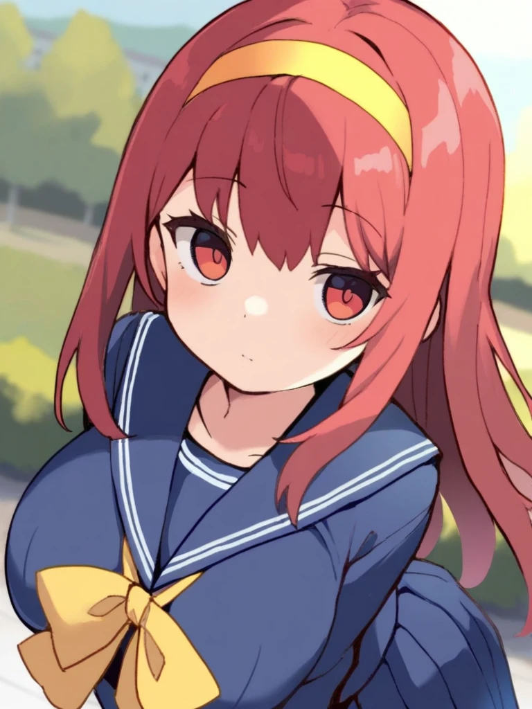 masterpiece, best quality, FujisakiShiori, long hair, Yellow hairband, red hair, red eyes, large breasts, 1girl, solo, school uniform, skirt, blue serafuku, long sleeves, blue skirt, blue long sleeve, yellow bow, pleated skirt, bow, blue sailor collar, outdoor,