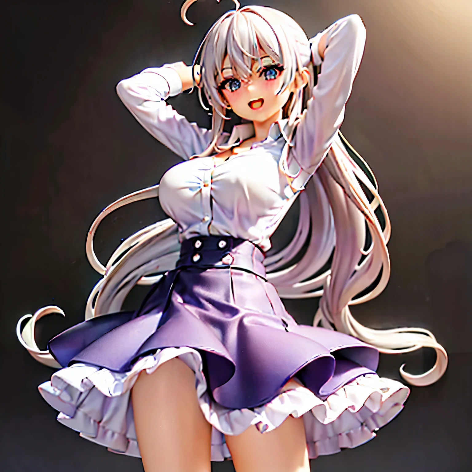 ((masterpiece,  best quality)), ( 1 girl), (Alone), ( for women), (Ahoge, Gray Hair,  very long hair),  blond eyes ,  smiles lightly,  open your mouth , (( white shirt), ( buttoned shirt), ( Button Gap )), ((  black skirt ), ( short skirt)),  standing , White background, Arms on back,  dynamic angle ,