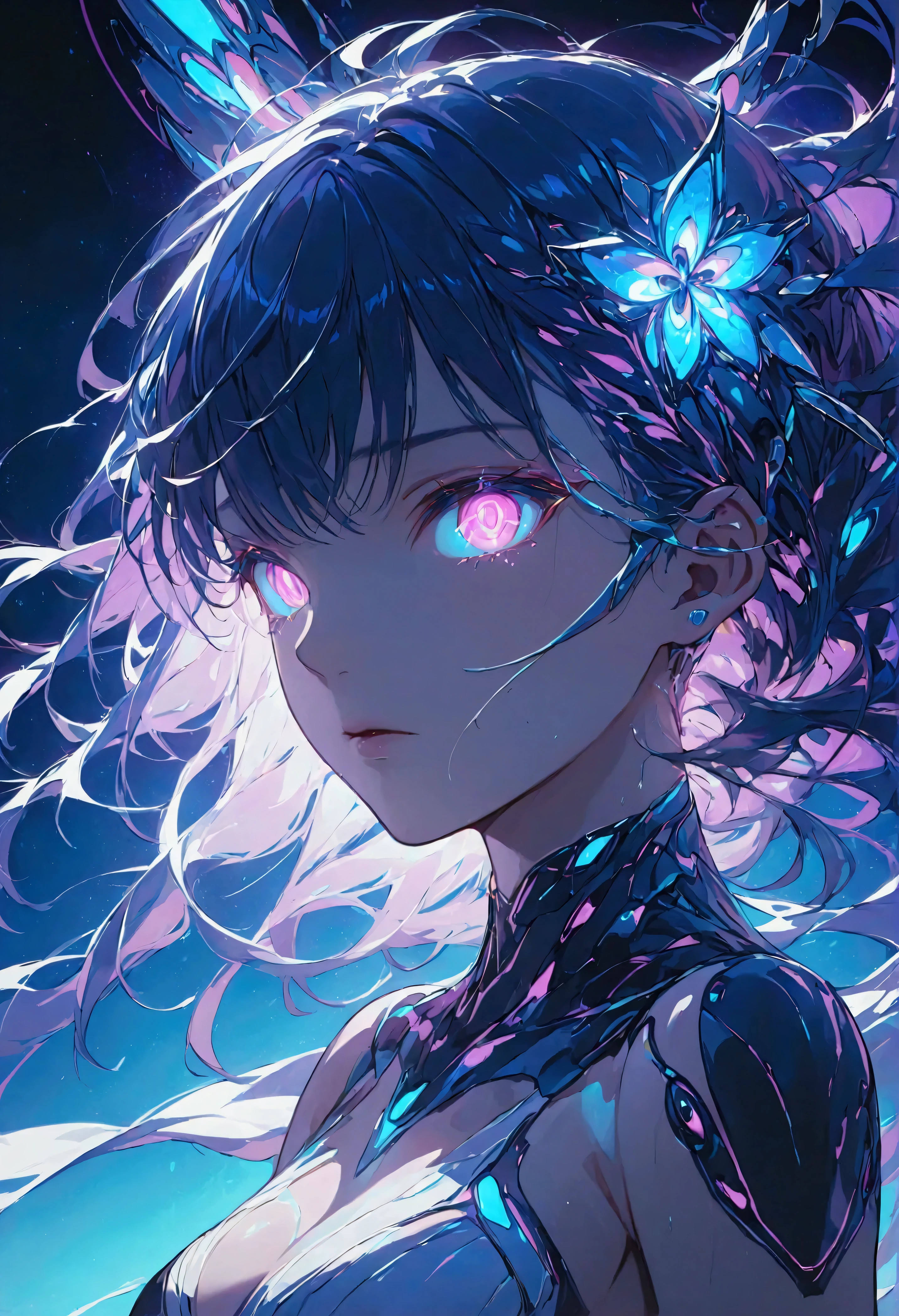Solo, 1girl, short fluffy hair, dark purple hair, blue eyes, scared, looking at viewer, hospital gown, science fiction abstract,, au \(d elete\, <lora:au_d_elete_offset:0.75>, circle-glasses, <lora:circle-glasses_v1.1:0.64>, planet, earth \(planet\), <lora:Earth:0.7>