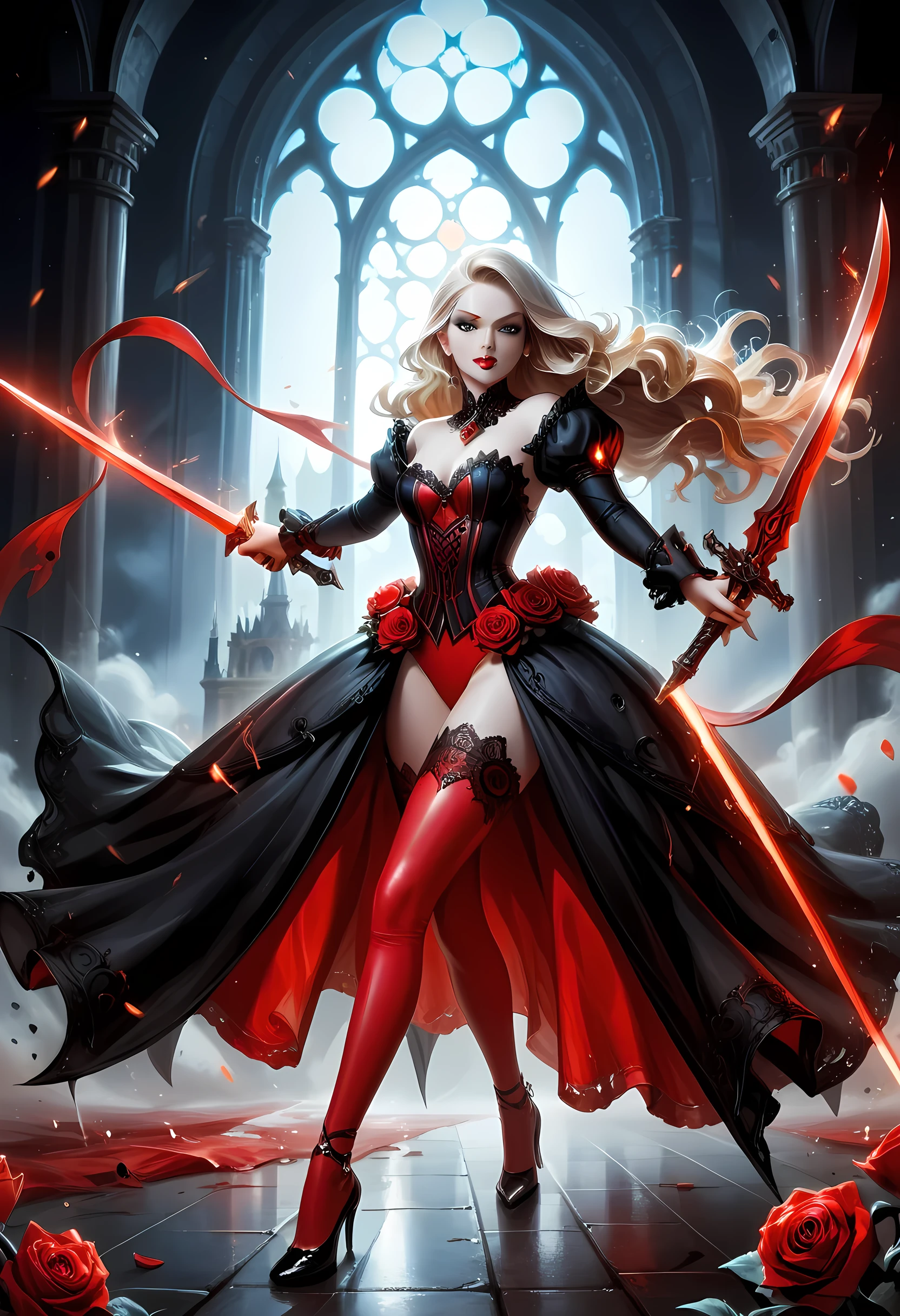 modisn disney, Arafed, action shot, Dark fantasy art, fantasy art, goth art, a picture of a female vampire, exquisite beauty, full body shot, dark glamour shot, pale white skin, blond hair, long hair, wavy hair, (glowing grey: 1.3) eyes, she wears a (red: 1.3) red tight suit, ArmoredDress, she holds a sword in hand, (ready for battle: 1.4) , the roses are imprinted on the suit (black: 1.4) black roses, high heels, dark castle, dark, black and color, Dark Art Painting Style, flower dress, dark novel, flower dress