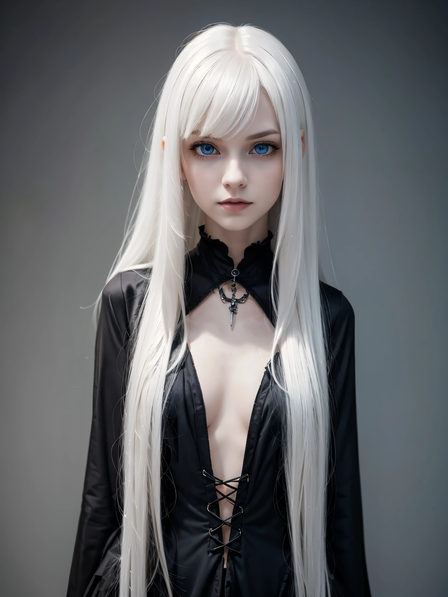 (best quality), 1girl, female, pale skin, white hair, long hair, swept bangs, straight hair, blue eyes, perfect eyes, petite, skinny body, flat chest, shy, (gothic clothes), masterpiece, anatomically correct, highres
