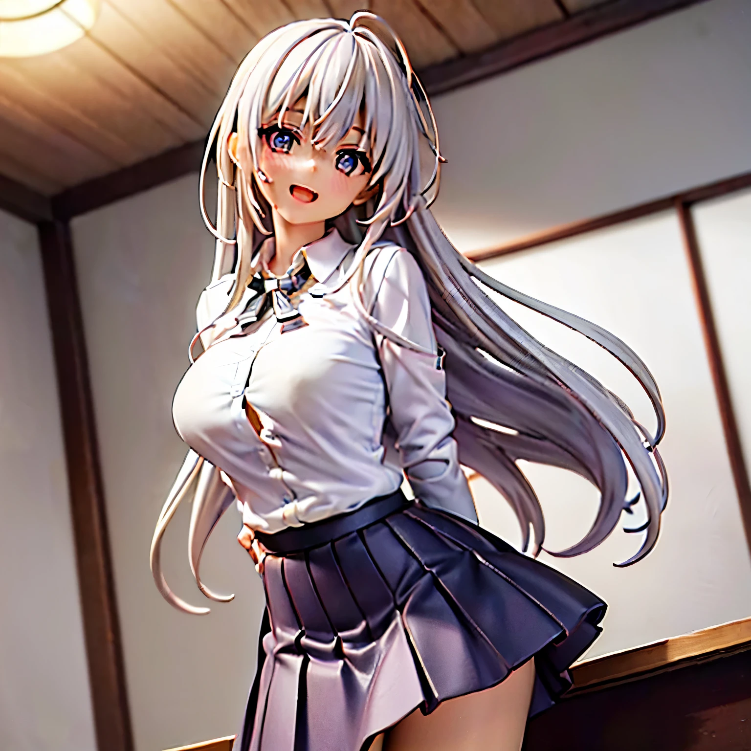 ((masterpiece,  best quality)), ( 1 girl), (Alone), ( for women), (Ahoge, Gray Hair,  very long hair),  blond eyes ,  smiles lightly,  open your mouth , (( white shirt), ( buttoned shirt), ( Button Gap )), ((  black skirt ), ( short skirt)),  standing , White background, Arms on back,  dynamic angle ,