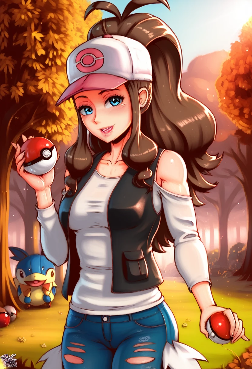 (Masterpiece:1.3), (best quality:1.2), (detailed background:1.1), (intricate details:1.1), 1girl, hilda( Pokémon),  ponytail,  hat、white t shirt, long sleeves, blue jeans, black vest, open vest, standing, outdoors, woods,  HDR, UHD, 4K, 8K, sunshine, holding pokeball,