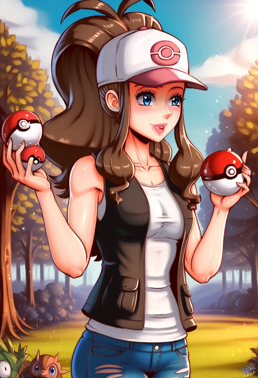 (Masterpiece:1.3), (best quality:1.2), (detailed background:1.1), (intricate details:1.1), 1girl, hilda( Pokémon),  ponytail,  hat、white t shirt, long sleeves, blue jeans, black vest, open vest, standing, outdoors, woods,  HDR, UHD, 4K, 8K, sunshine, holding pokeball,