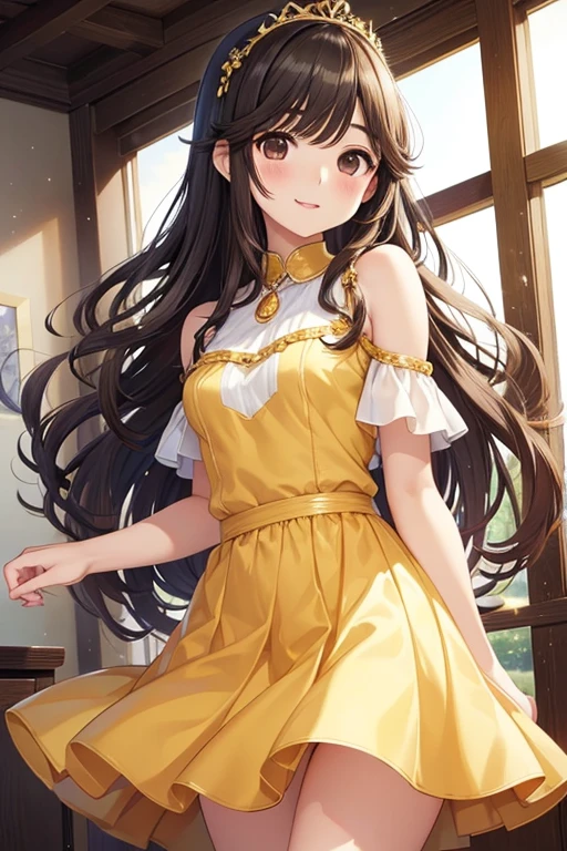 Takane Manaka、 Shiny brown long hair、,、 beautiful brown eyed middle school students 、smile、Sparkling Eyes, (fine grain)、 very detailed eyes、 extremely detailed face,  very detailed eyes, masterpiece,  best quality,  high definition , ( best quality,masterpiece:1.2),Alone,Alone、 cowboy shots、nsfw、



，cute ,  brunette ,  curly hair, Evil girl , gorgeous golden dress for a princess， tiara ，
