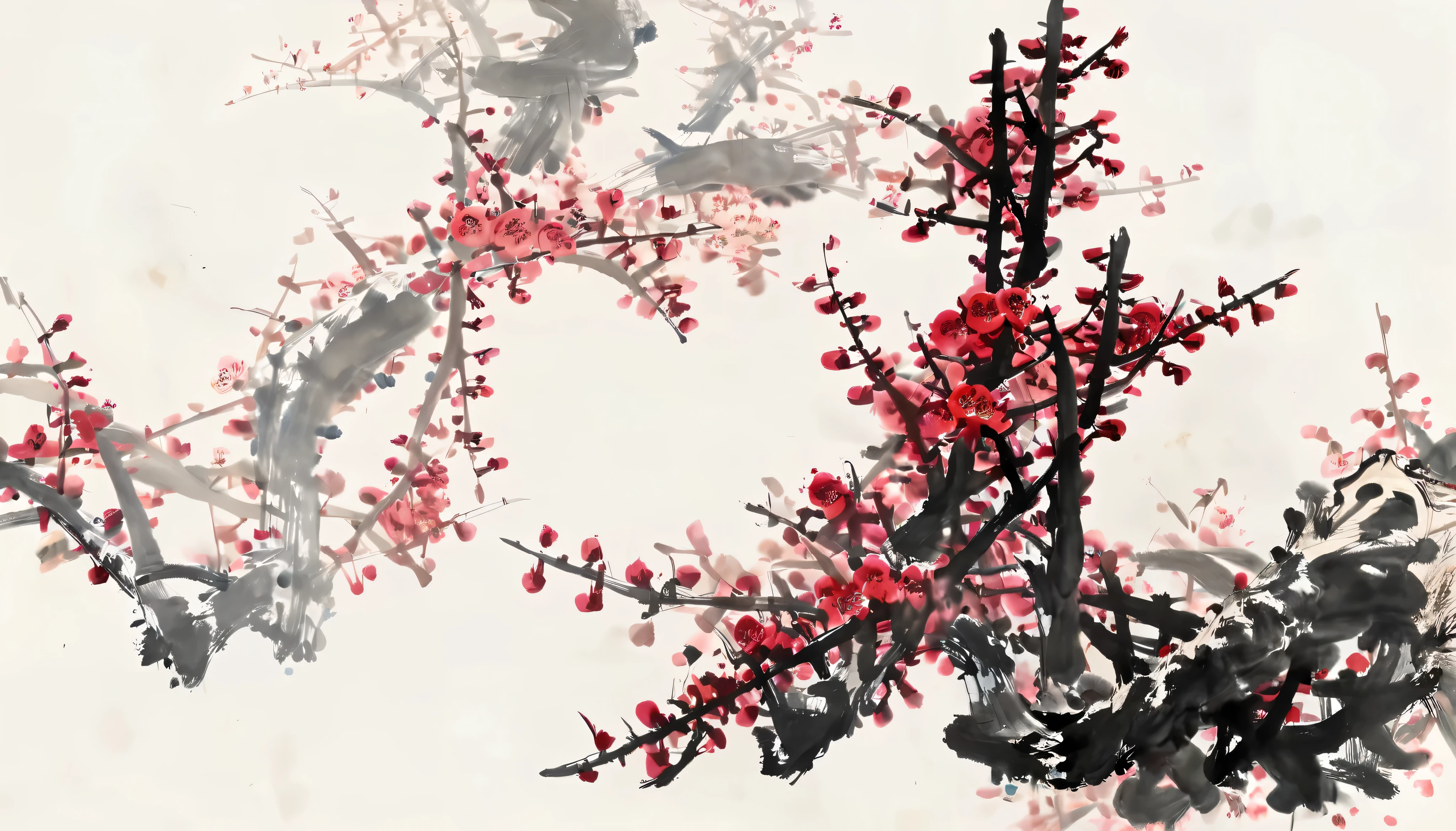 Ink Painting，hou dechang， wang chengxi,Chinese ink painting, minimalism主义，Plum tree, Realistic plum blossoms，Focus on plum blossoms， the whole scene is full of ink wash style， traditional Chinese brushwork ， red use ， has the style of a Chinese artist ，（ Large areas of white ，One-third composition ：1：3）， official art ， Art Ink Painting，Ink Painting，（（Simplicity）），Simplicity，minimalism，beige gray ，White background，ink painting style，Parchment texture ，clean，no text， quiet and ethereal ， HD resolution ， high quality 