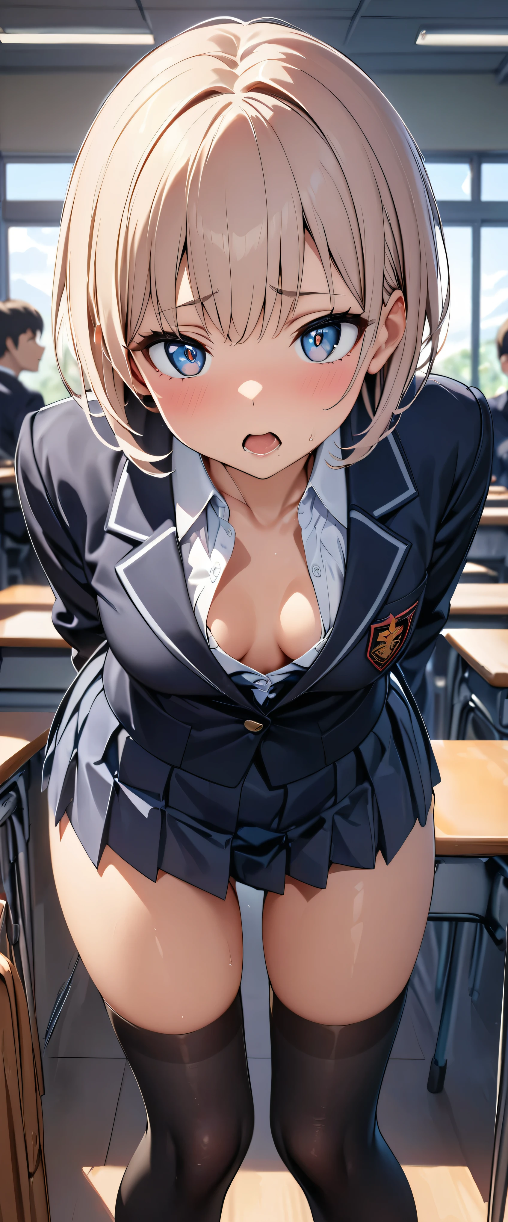 (1woman), school, blonde full bangs hair, eyes dark blue eyes, cute kawaii, panties white panties, necklace, nipples, flat chest, BREAK, white sailor fuku, at classroom 