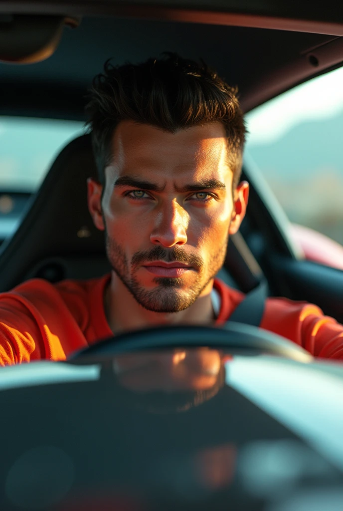 (vijay), a handsome man, driving a sleek and powerful supercar, extreme close-up on his face, hyper-realistic, 8k, photorealistic, cinematic lighting, dramatic shadows, chiaroscuro, sharp focus, intricate details, glossy metallic finish, dynamic motion blur, high-quality render, beautiful man, striking facial features, intense gaze, masculine jawline, flawless skin, high-end sports car, gleaming chrome accents, vibrant colors, lush environment, cinematic composition
