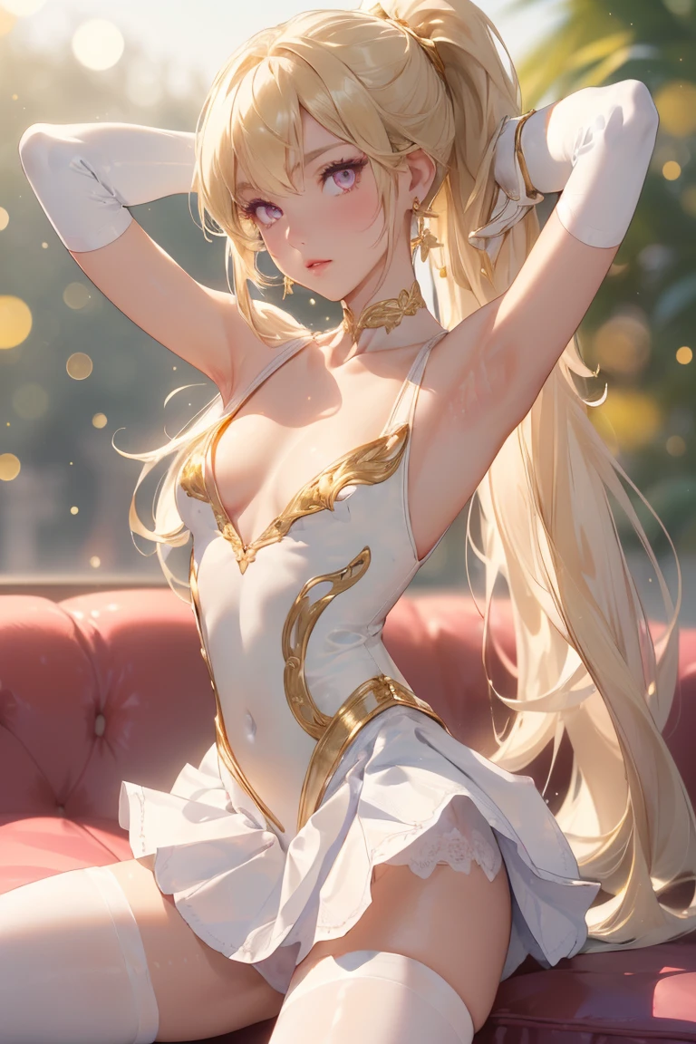 (best quality,masterpiece,8K,high resolution,ultra detailed),realistic,professional lighting,(strong bokeh:1.5),window,solo,Sailor Venus,(outstanding figure),(blonde:1.3),long hair,(ponytail),bangs,(a huge hair ribbon on ponytail),(white hair ribbon),white costume,(white leotard:1.3),(thin tight-fit silk leotard:1.5),(high-cut leotard),(large gold earrings:1.2),(extra long white gloves:1.7),(gold decoration gloves:1.4),(silky gloves),(white choker),red lip,(pink eyes:1.2),(blush:1.2),(raising both arms to show armpits),slender,(cleavage:1.5),(collarbone:1.4),panties,looking at viewer,(spread legs:1.2),(full body),sitting on seat,detailed face,((detailed eyes)),(both hands behind head:1.4),(lean back:1.2),(short skirt:1.4),(white skirt:1.4),(feet),(thigh-high socks),(plantar flexion),(small breasts:1.8)