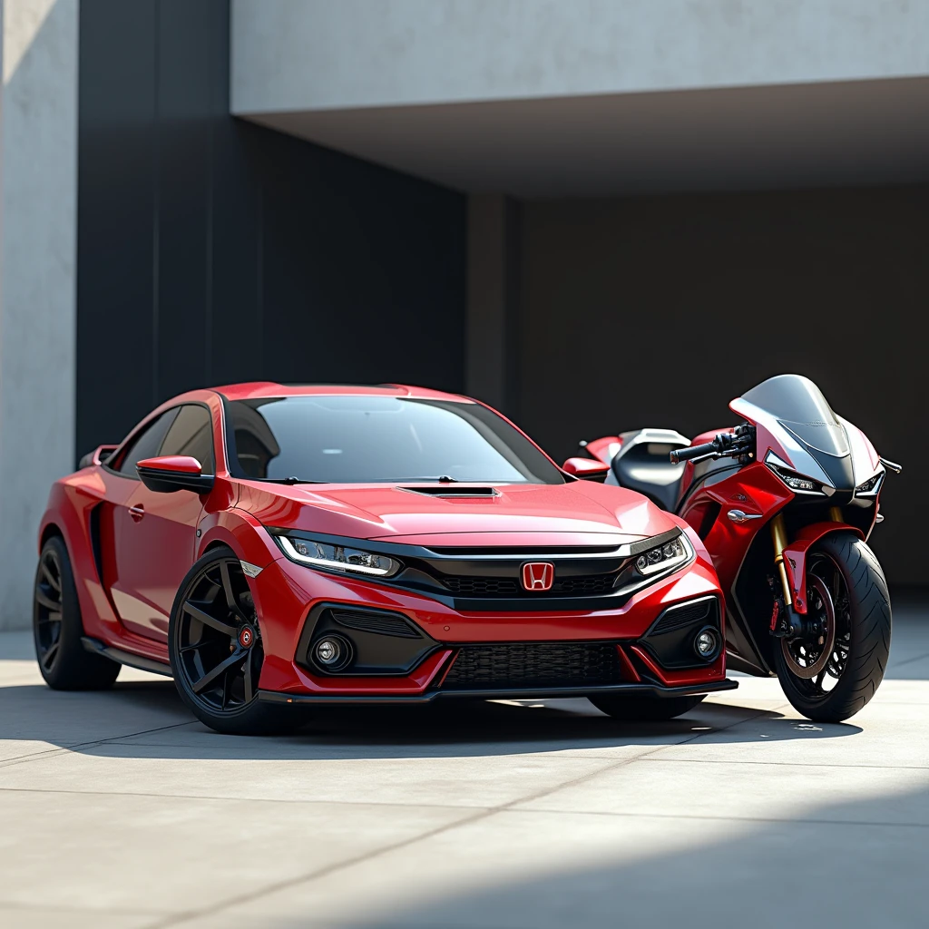 Red Honda civic 2024 with black and white big bike parked