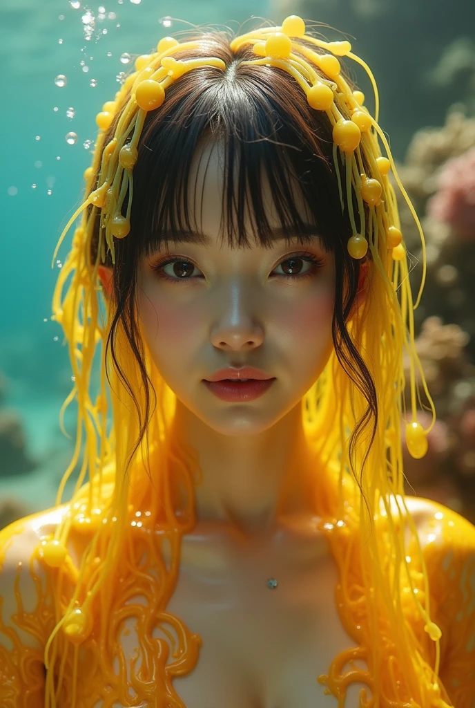 (masterpiece, best quality:1.4),(8k, RAW Photos,Realistic:1.2),shiny skin,Detailed skin, detailed face , detail eyes sitting on a coral reef,  1 girl, VIEWING VIEWERS , Japanese Idol,  very beautiful face , (smile), Liquid Hair, Liquid Hair,  yellow reddish brown mucus dripping around ,  slime girl ,  covered in yellow reddish brown slime , (Partially transparent), (Wet), (Yellow reddish brown sweat ),  yellow reddish brown liquid dripping from the body . Her hair is also  covered in yellow reddish brown slime .  yellow reddish brown slime scattered ,  yellow reddish brown hair ,  yellow reddish brown eyes 