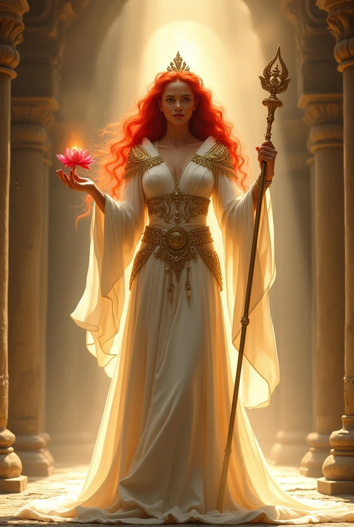 "A majestic happy priestess with flowing red hair in a vivid deep red ...