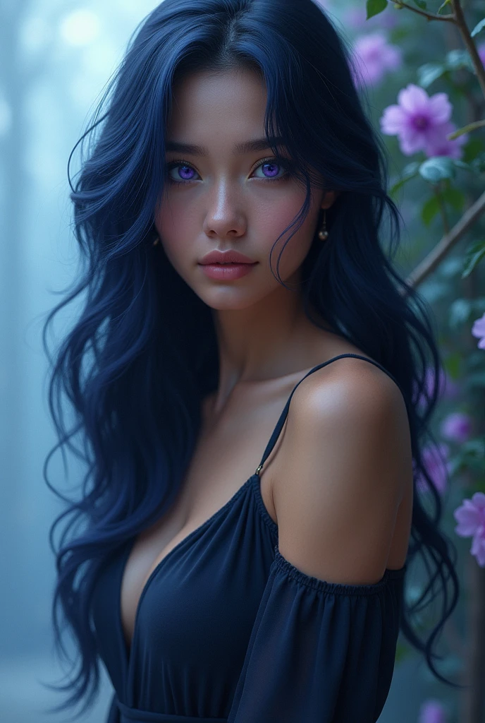 Beautiful girl, dark blue hair, purple eyes, long hair, hourglass, pretty sexy