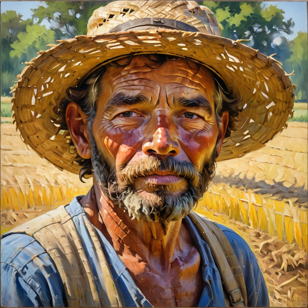 Oil painting, top quality, rough and powerful strokes, thick paint, straw hat farmer's face, skin burnt in the sun, hard work covered with dirt and sweat with complex expressions, face length, beard, light and shadow, impressionism, vivid color palette, masterpiece,