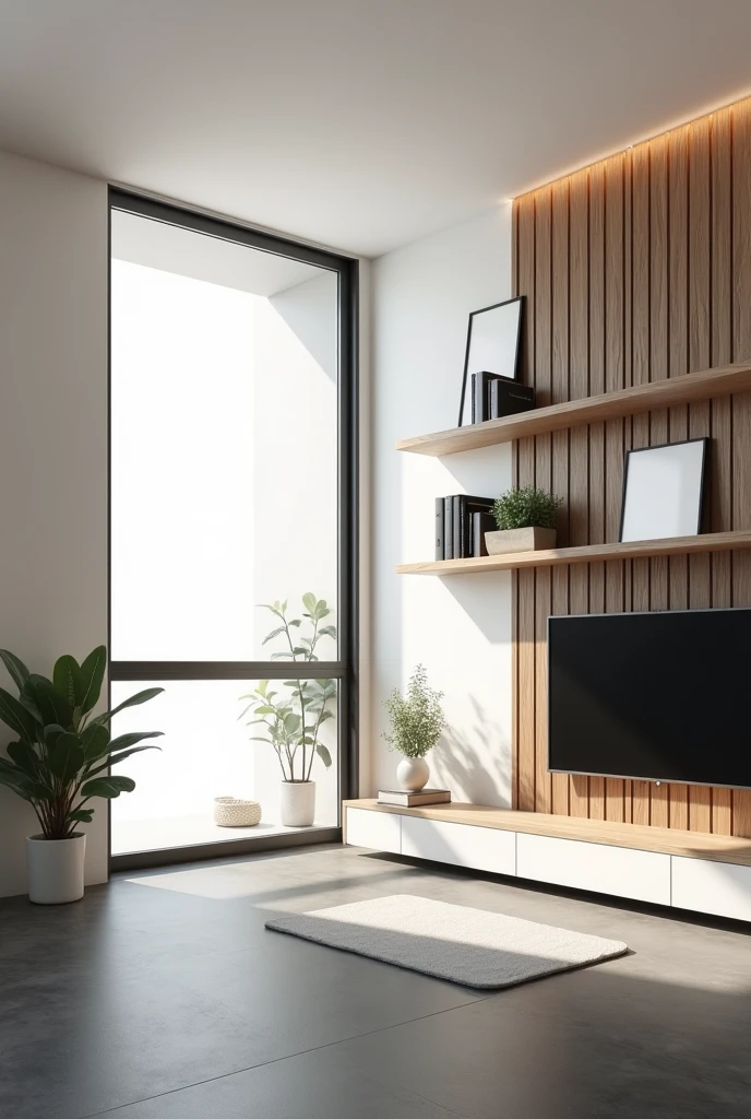 " Create an illustration of a modern living room in perspective, with the vanishing point centered on the large window in the background . The room should have a rectangular shape , com o piso de cerâmica em Gray tone escuro. The larger wall on the right must have a burnt cement finish (Gray tone ) and a white TV panel with light wood details , while the other walls are painted white .(Decorate the white walls with wooden slats
Clear to half height and floating shelves in light wood tones), displaying books and small plant pots . Also include minimalist frames in black , white and gray to harmonize with the color palette and give a modern touch to the room ."