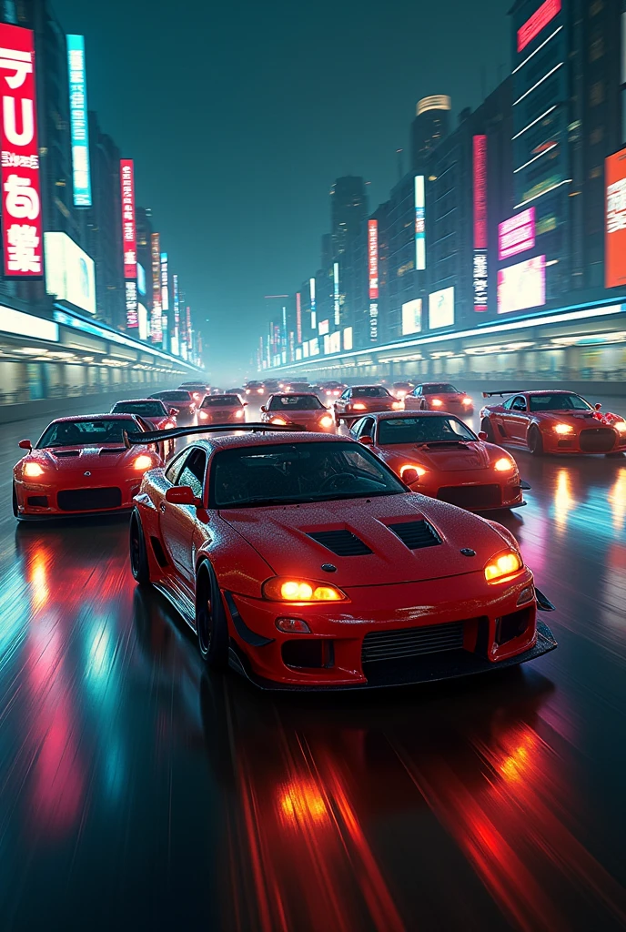 (8 cars different model, brands and styles started the race with hight trot speed), (some of the car over taking as quick the race start),sport car,tuned, motion, (at night:2) (motion blur:1. 3), movie action scene, (Need for Speed:1. 1), wet reflection, racing game, (cityscape in background:1. 5), (detailed stunning environment:1.5), moody dark atmosphere, neon underground aesthetics, (sci-fi), cyberpunk, blade runner, cinematic, cover art, (low front angle),intricate, (highly detailed:1.5), digital painting, digital art, artstation, concept art,(color contrast:1. 1), (Wide lens:1.5),best quality masterpiece, (photorealistic:1.5), sharp focus, 8k, HDR, shallow depth of field, broad light, high contrast, light sparkles, chromatic, sharp focus,transparent,(clear photo:1.5), detail

