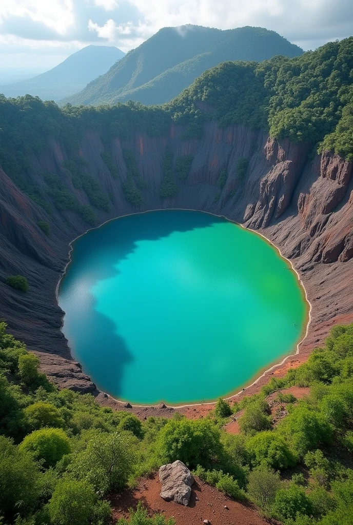 Le lac de cratère Kelimutu, Indonésie : Trois lacs de cratère aux couleurs changeantes (bleu, vert et rouge) se trouvent au sommet d’un volcan. Ces lacs sont entourés de falaises rocheuses escarpées et de végétation tropicale, offrant une vue à couper le souffle. Une photo qui a l’air d’être réelle à 100%.