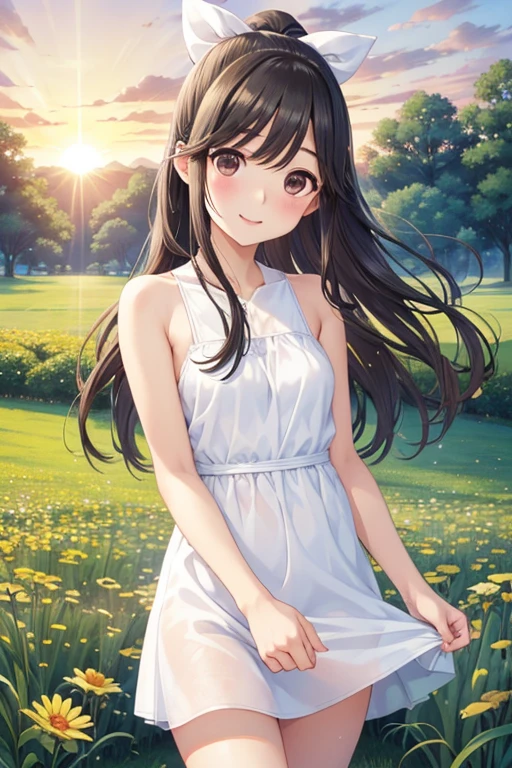 Takane Manaka、 Shiny brown long hair、 ribbon ponytail,、 beautiful brown eyed middle school students 、smile、Sparkling Eyes, (fine grain)、 very detailed eyes、 extremely detailed face,  very detailed eyes, masterpiece, 最 High Quality ,  high definition , (最 High Quality ,masterpiece:1.2),Alone,Alone、 cowboy shots、nsfw、





( High Quality )，1 person，，baby face，naked，， very thin limbs， very thin thighs， small ass ，naked，white sun mini dress、grassland，はにかんだsmile，，dusk， Beautiful Sunset ，Midsummer， bright ， bright 色，watercolor, Ghibli style，