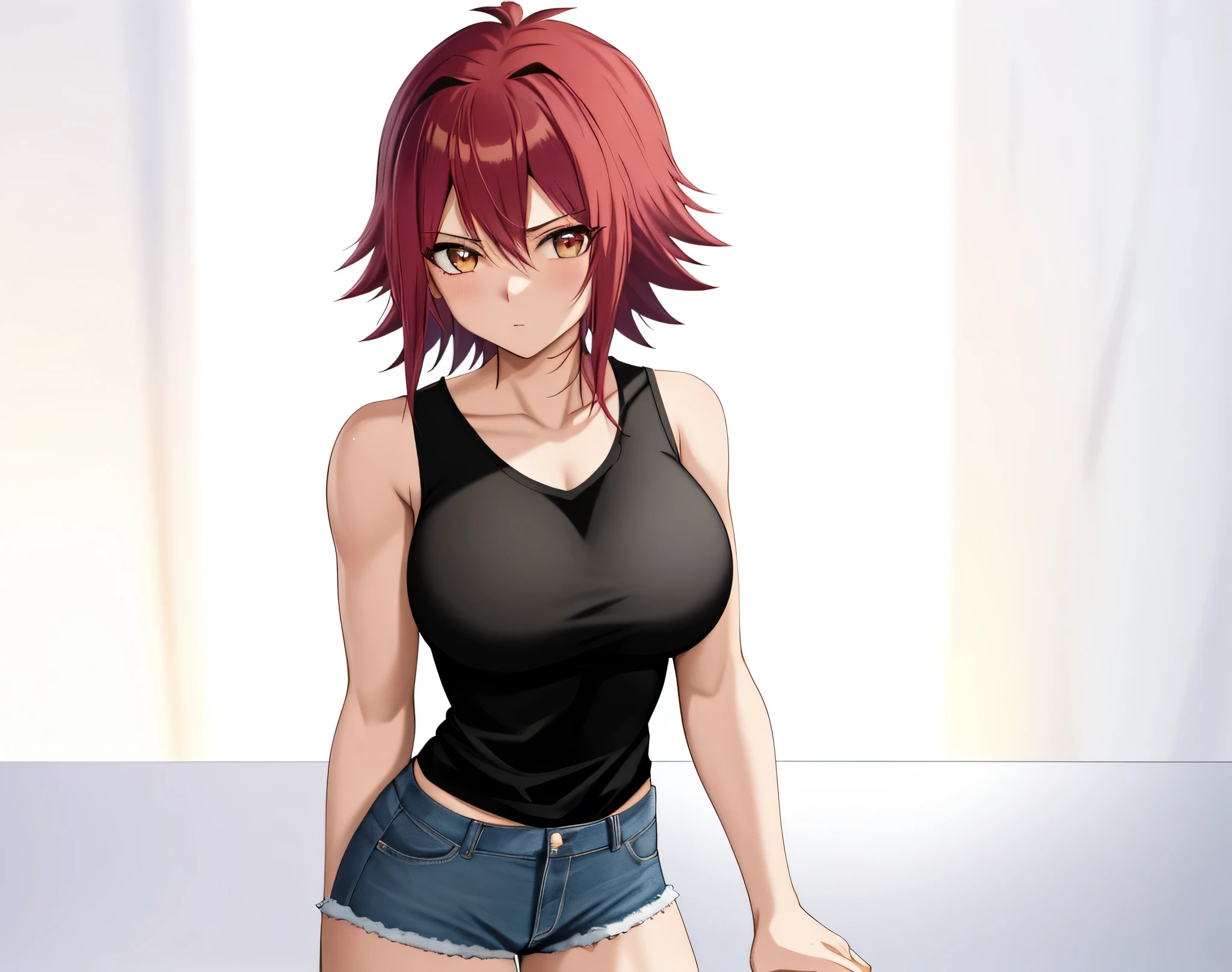 足を組んで床に座っている red hairのAnime Women, Anime Women,  anime styleキャラクター, clothing: black tank top , A woman wearing denim shorts,  anime styleで, Big Breasts,  woman with very large breasts,  anime style,  anime style, Muscular Woman, Knight of the Zodiac Girl, Short Hair,  red hair,  Teal Eyelids, In anime style, feminine and muscular,  Skin Tight Tank Top , Bare Arms, Bare shoulders, Alone, looking at viewer, Female focus,  cowboy shots,