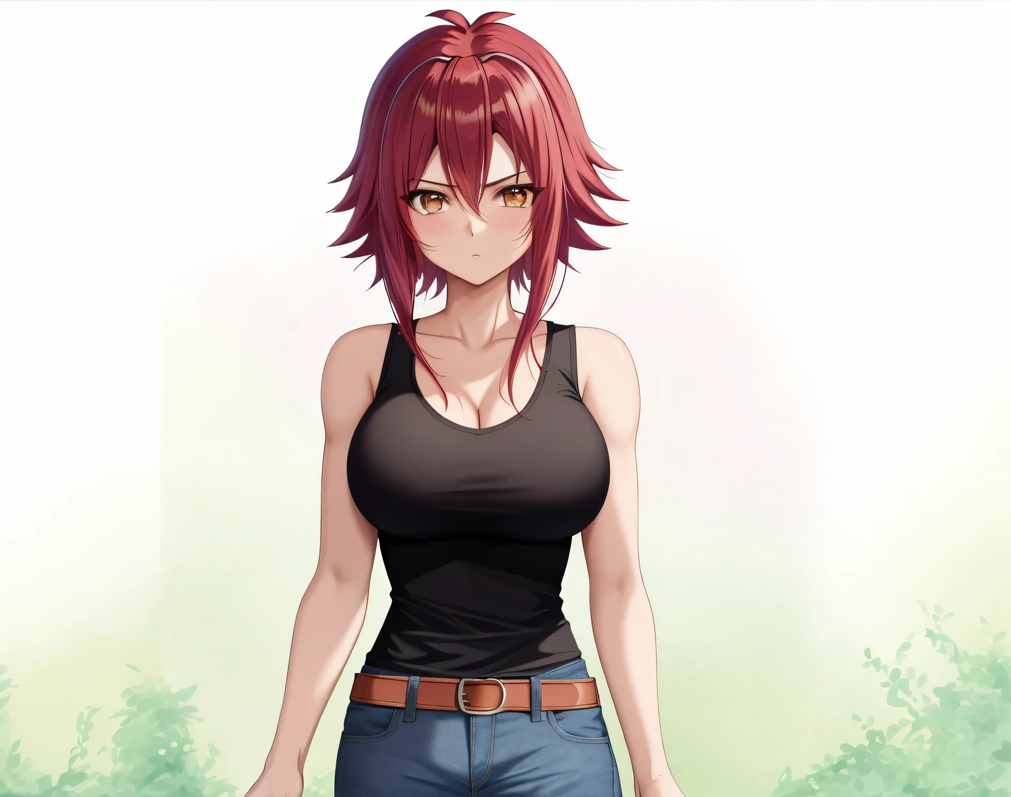 足を組んで床に座っている red hairのAnime Women, Anime Women,  anime styleキャラクター, clothing: black tank top , A woman wearing denim shorts,  anime styleで, Big Breasts,  woman with very large breasts,  anime style,  anime style, Muscular Woman, Knight of the Zodiac Girl, Short Hair,  red hair,  Teal Eyelids, In anime style, feminine and muscular,  Skin Tight Tank Top , Bare Arms, Bare shoulders, Alone, looking at viewer, Female focus,  cowboy shots,