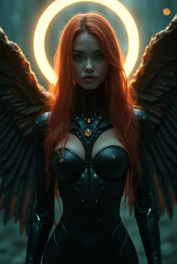 Ultra-detailed shot of an attractive and provocative evil fallen woman in black and red tattooed sexy with cybernetic wings, Sosteniendo un arma, ((cuerpo completo:1.2)) Parece loca, Pelo largo y pelirrojo en movimiento, Action shot pose, Cybernetic prostheses available, Una cicatriz profunda, Pose atractiva y provocativa,  (((peinado bob medio afeitado))) Ultra-futuristic city with neon lights, colores muy brillantes, fotografiado por MSchiffer, renderizado 3D Realista, (high saturation:1.3) colores contrastantes, noche lluviosa