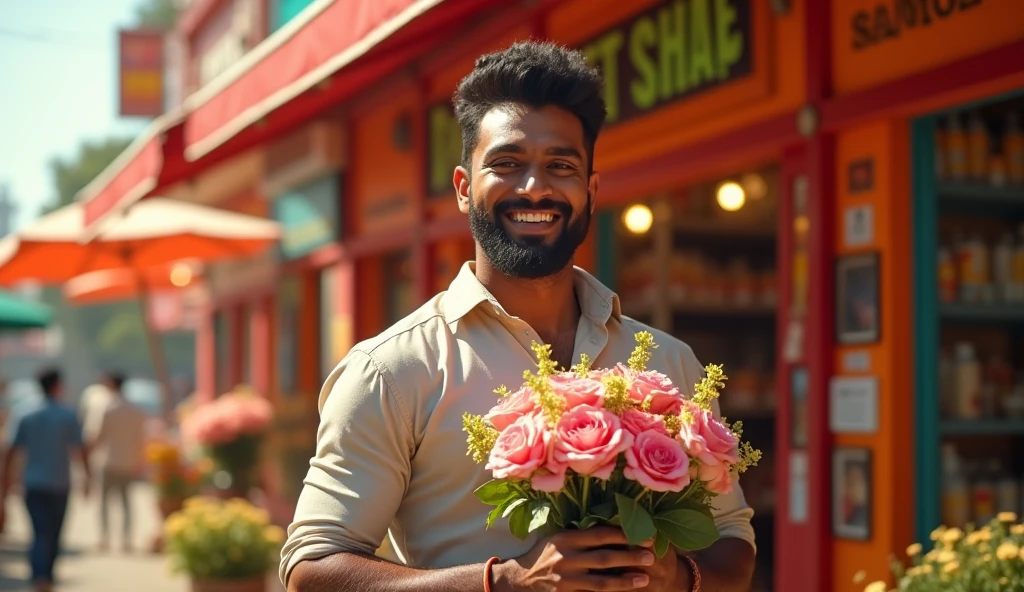 (vijay), (Thalapathy), handsome man standing near to boquet shop, colorful and happy smile, hyper realistic, 1 man, beautiful detailed eyes, beautiful detailed lips, extremely detailed face and skin, striking facial features, chiseled jawline, muscular build, stylish outfit, holding a bouquet of flowers, warm lighting, vibrant colors, photorealistic, cinematic composition, dramatic lighting, intricate details, high resolution, 8k, masterpiece