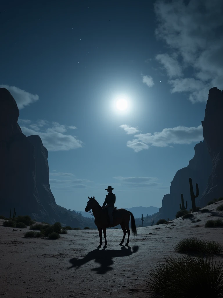 IMG_7362.CR2: A breathtaking and atmospheric scene inspired by Red Dead Redemption, featuring a lone cowboy riding through an expansive desert under a vast, star-filled night sky. The cowboy, silhouetted against the moonlight, sits tall on his horse as they navigate the rugged terrain, surrounded by towering cacti and striking rock formations. The moon casts a silvery glow over the landscape, creating long, dramatic shadows that add depth and texture to the desert’s sandy surface. The atmosphere exudes isolation and freedom, with the quiet of the desert emphasized by the distant howl of the wind. The color palette is dominated by deep blues and silvers, with warm highlights reflecting off the rocky outcroppings. This cinematic and photorealistic composition captures the raw beauty and solitude of the wild frontier. Tags: best quality, high quality, ultra-detailed, cinematic lighting, photorealistic, dramatic shadows, western theme, night desert, freedom and isolation.”