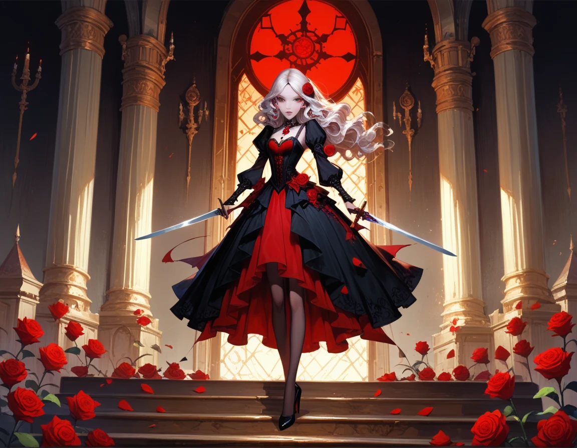 modisn disney, Arafed,  Dark fantasy art, fantasy art, goth art, a picture of a female vampire, pale white skin, blond hair, long hair, wavy hair, (glowing grey: 1.3) eyes, she wears a (red: 1.3) red thigh suit, she holds a sword in hand, (ready for battle: 1.4) , the roses are imprinted on the suit (black: 1.4) black roses, high heels, full body shot, dark glamour shot, dark castle, dark, black and color, Dark Art Painting Style, flower dress,